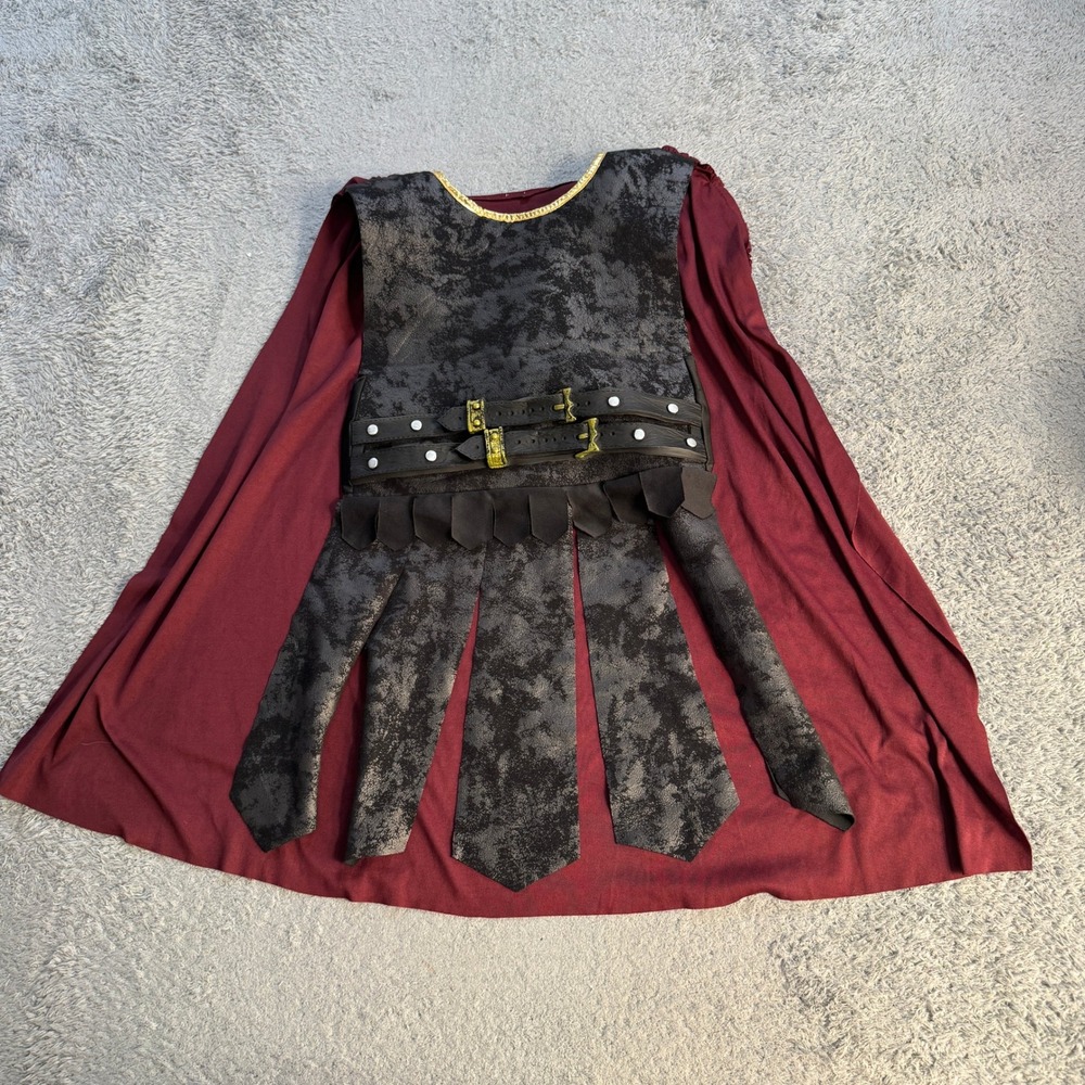 Boys Roman Gladiator Soldier Costume Vest Cape Burgundy Black Spartan Warrior M